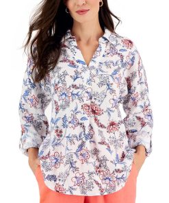 Charter Club Women's Linen Printed Split-Neck Top, Created For Macy's