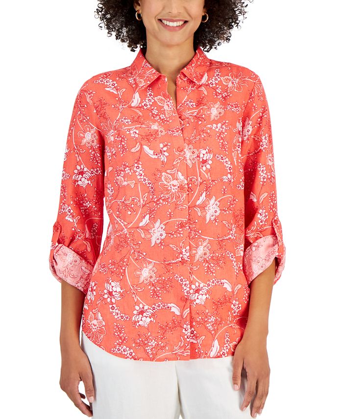 Women's Linen Floral-Print Shirt, Created For Macy's Charter Club Women's Linen Floral-Print Shirt, Created For Macy's -CeCe cloth-shop