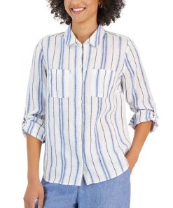 Charter Club Women's Linen Metallic-Stripe Shirt, Created For Macy's