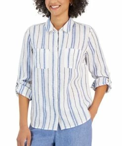 Charter Club Women's Linen Metallic-Stripe Shirt, Created For Macy's