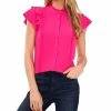 CeCe Women's Short Sleeve Pin-tuck Ruffled Button-up Blouse