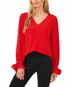 CeCe Women's Solid Long Sleeve V-Neck Tie-Cuff Blouse