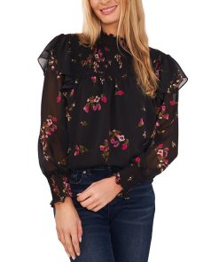 CeCe Women's Printed Smocked-Neck Top