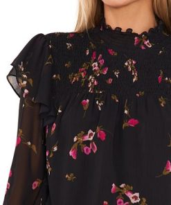 CeCe Women's Printed Smocked-Neck Top -CeCe cloth-shop 22418043 fpx