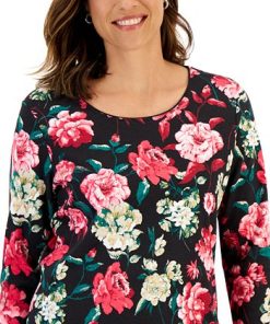 Karen Scott Women's Long-Sleeve Rose Print Top, Created For Macy's -CeCe cloth-shop 22419284 fpx