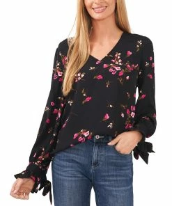 CeCe Women's Long Sleeve V-Neck Tie-Sleeve Blouse