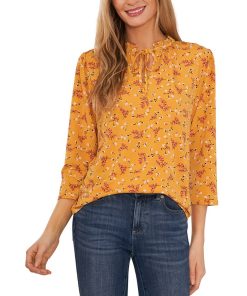 CeCe Women's Three-Quarter Sleeve Ruched Tie-Neck Top