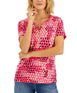 Karen Scott Women's Mod Dots Printed Knit Henley Top, Created For Macy's