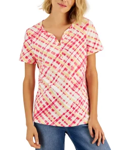 Karen Scott Women's Plaid Relaxed Henley Knit Top, Created For Macy's 9 Karen Scott Women's Plaid Relaxed Henley Knit Top, Created For Macy's -CeCe cloth-shop 22514555 fpx