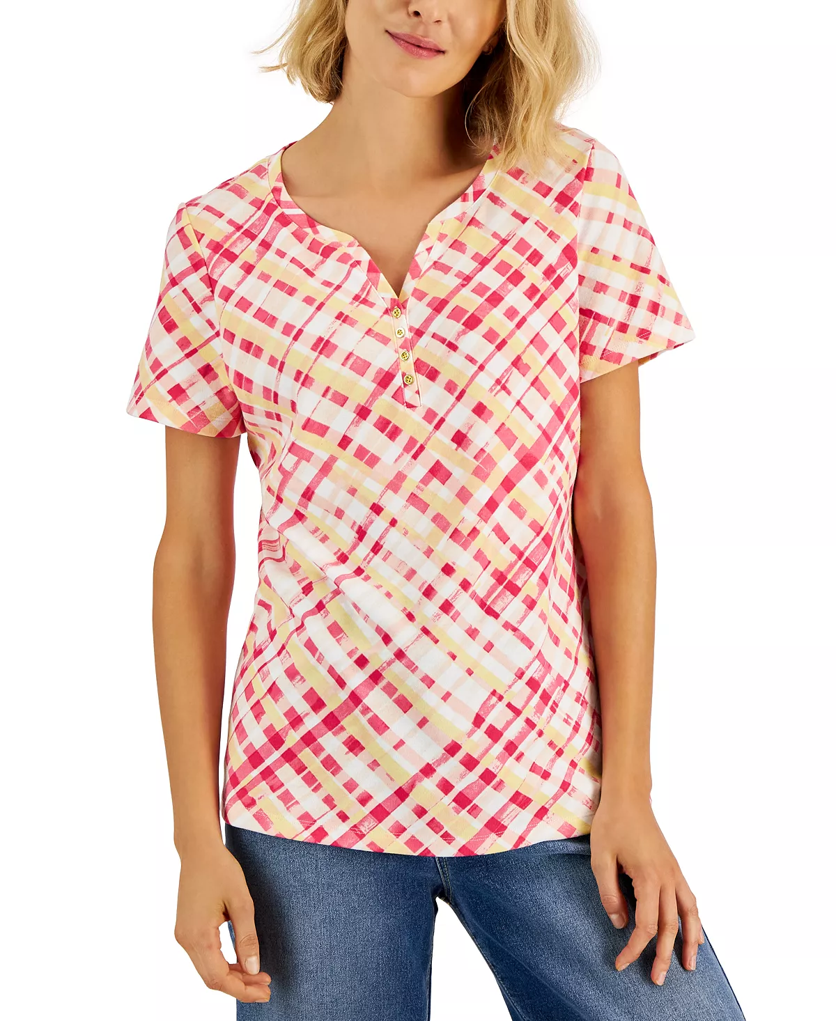 Karen Scott Women's Plaid Relaxed Henley Knit Top, Created For Macy's 5 Karen Scott Women's Plaid Relaxed Henley Knit Top, Created For Macy's - Image 5