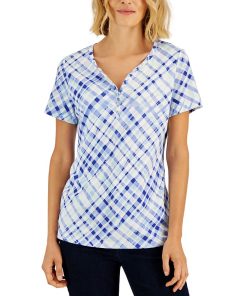 Karen Scott Women's Plaid Relaxed Henley Knit Top, Created For Macy's