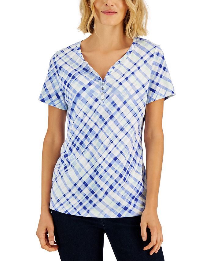 Karen Scott Women's Plaid Relaxed Henley Knit Top, Created For Macy's 1 Karen Scott Women's Plaid Relaxed Henley Knit Top, Created For Macy's