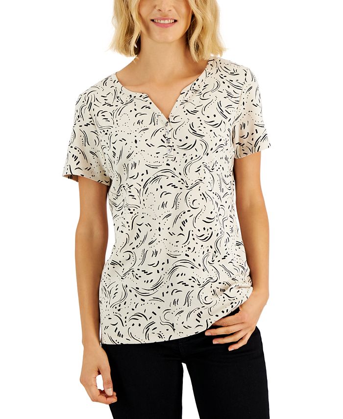 Karen Scott Women's Printed Relaxed Knit Henley Top, Created For Macy's 1 Karen Scott Women's Printed Relaxed Knit Henley Top, Created For Macy's