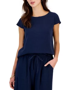 Style & Co Women's Crinkled Gauze Cap-Sleeve Top, Created For Macy's