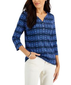 Karen Scott Women's 3/4-Sleeve Snowflake Henley Top, Created For Macy's