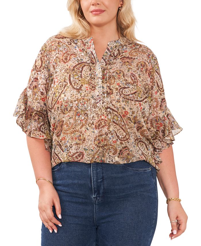 Plus Size Pintucked Flutter-Sleeve Blouse Vince Camuto Plus Size Pintucked Flutter-Sleeve Blouse -CeCe cloth-shop