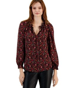 Bar III Women's Floral-Print Ruffle-Neck Top, Created For Macy's