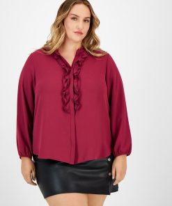 Bar III Plus Size Ruffled Split-Neck Blouse, Created For Macy's