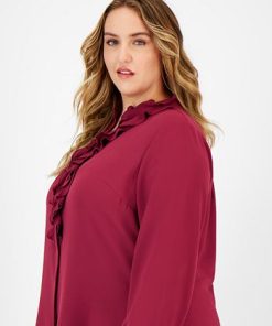 Bar III Plus Size Ruffled Split-Neck Blouse, Created For Macy's -CeCe cloth-shop 22541712 fpx