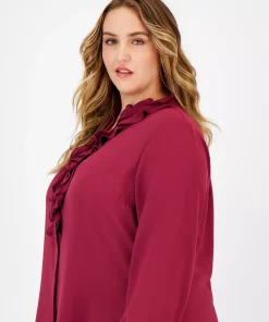 Bar III Plus Size Ruffled Split-Neck Blouse, Created For Macy's -CeCe cloth-shop 22541712 fpx