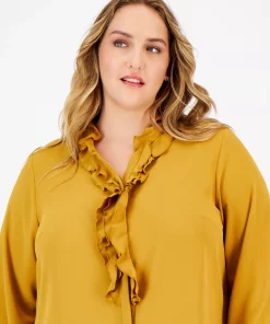 Bar III Plus Size Ruffled Split-Neck Blouse, Created For Macy's -CeCe cloth-shop 22541714 fpx