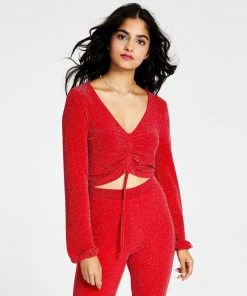 Bar III Women's Sparkling Caviar Long-Sleeve Crop Top, Created For Macy's