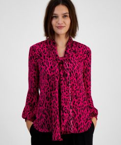 Bar III Women's Printed Tie-Neck Long-Sleeve Top, Created For Macy's