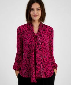 Bar III Women's Printed Tie-Neck Long-Sleeve Top, Created For Macy's