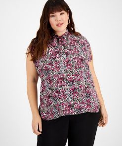 Bar III Plus Size Ditsy Floral-Print Tie-Neck Top, Created For Macy's