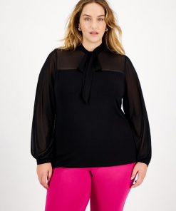 Bar III Plus Size Tie-Neck Mesh-Contrast Blouse, Created For Macy's