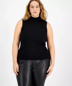Bar III Plus Size Ribbed Sleeveless Mock-Neck Scalloped-Hem Top, Created For Macy's -CeCe cloth-shop 22567355 fpx