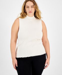 Bar III Plus Size Ribbed Sleeveless Mock-Neck Scalloped-Hem Top, Created For Macy's