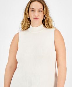 Bar III Plus Size Ribbed Sleeveless Mock-Neck Scalloped-Hem Top, Created For Macy's -CeCe cloth-shop 22567360 fpx