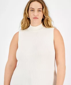 Bar III Plus Size Ribbed Sleeveless Mock-Neck Scalloped-Hem Top, Created For Macy's -CeCe cloth-shop 22567360 fpx