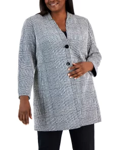 Kasper Plus Size Houndstooth-Plaid Two-Button Longline Blazer -CeCe cloth-shop 22567615 fpx