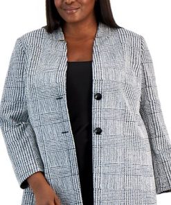 Kasper Plus Size Houndstooth-Plaid Two-Button Longline Blazer -CeCe cloth-shop 22567616 fpx