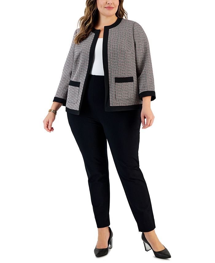 Plus Size Tweed Collarless 3/4-Sleeve Jacket Kasper Plus Size Tweed Collarless 3/4-Sleeve Jacket -CeCe cloth-shop