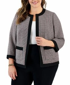 Kasper Plus Size Tweed Collarless 3/4-Sleeve Jacket