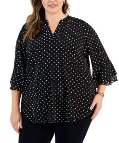 Kasper Plus Size Dot-Print Flutter-Sleeve Blouse