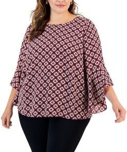 Kasper Plus Size Printed Flared 3/4-Sleeve Blouse