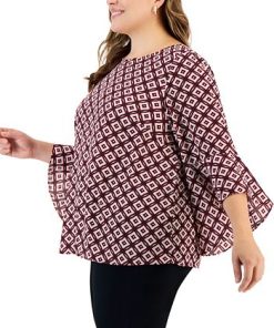 Kasper Plus Size Printed Flared 3/4-Sleeve Blouse -CeCe cloth-shop 22567976 fpx