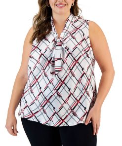 Kasper Plus Size Printed Sleeveless Tie-Neck Blouse