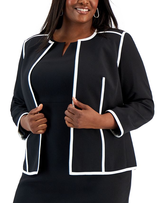 Plus Size Colorblocked Open-Front Long-Sleeve Blazer Kasper Plus Size Colorblocked Open-Front Long-Sleeve Blazer -CeCe cloth-shop