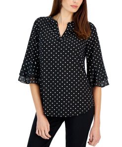 Kasper Women's Split-Neck Polka-Dot Flutter Sleeve Top