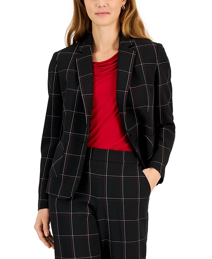 Women's Plaid One-Button Notched-Collar Jacket Kasper Women's Plaid One-Button Notched-Collar Jacket -CeCe cloth-shop
