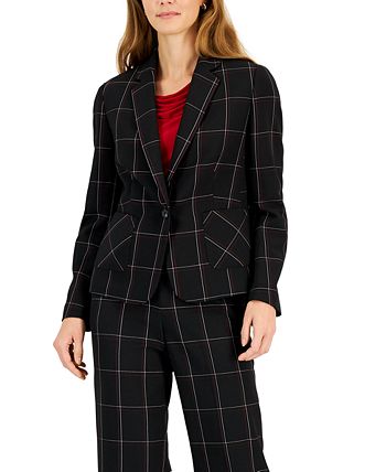 Women's Plaid One-Button Notched-Collar Jacket Kasper Women's Plaid One-Button Notched-Collar Jacket -CeCe cloth-shop