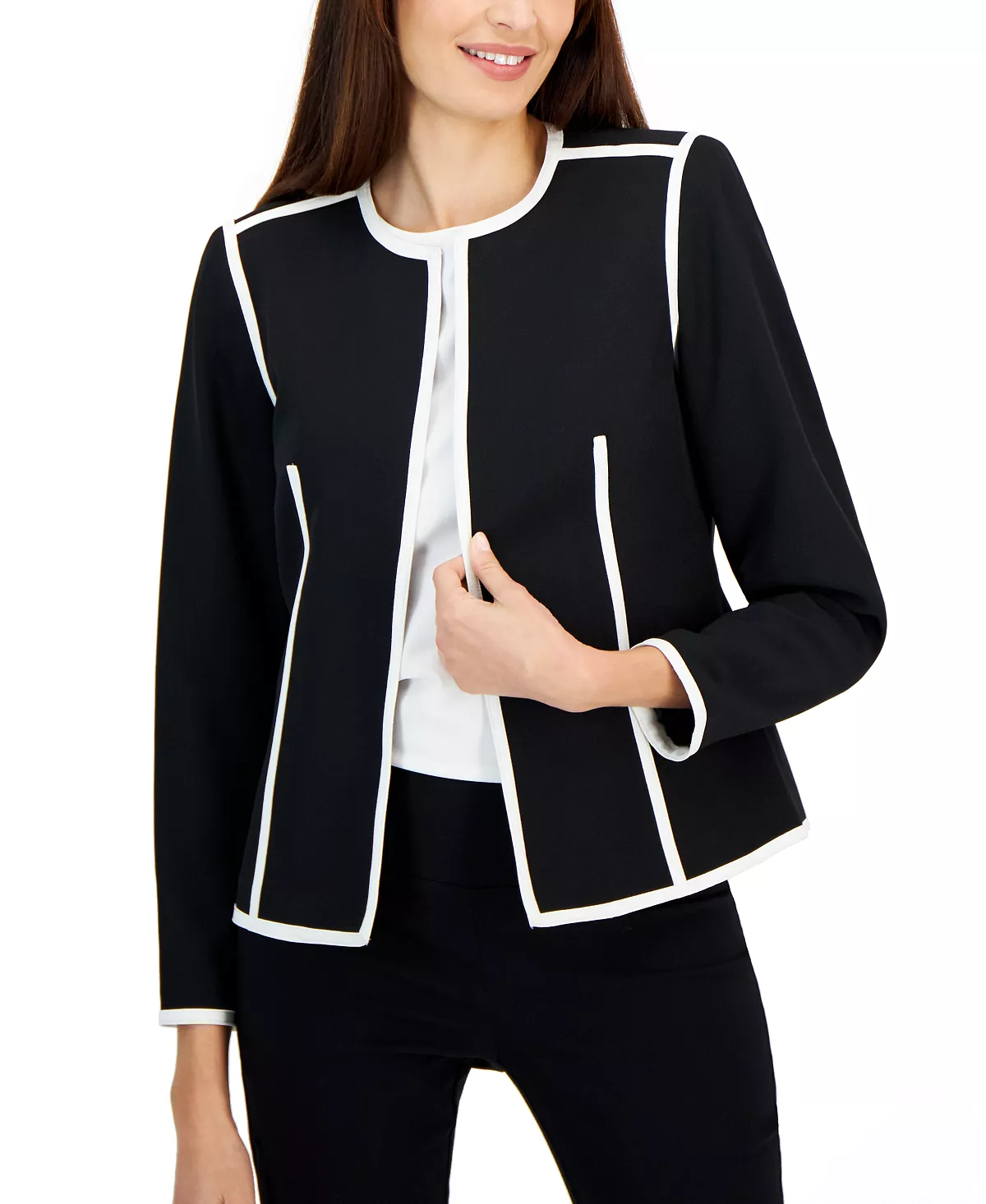 Women's Colorblocked Open-Front Long-Sleeve Blazer Kasper Women's Colorblocked Open-Front Long-Sleeve Blazer -CeCe cloth-shop