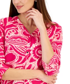 JM Collection Women's Swirl-Print Split-Neck Woven Top, Created For Macy's -CeCe cloth-shop 22576648 fpx