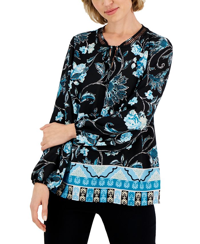 JM Collection Women's Traveling Ornament Printed Lattice-Neck Top, Created For Macy's 1 JM Collection Women's Traveling Ornament Printed Lattice-Neck Top, Created For Macy's