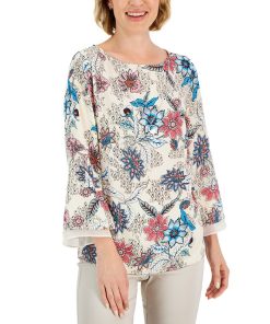 JM Collection Women's Etched Batik Printed Flared-Sleeve Top, Created For Macy's
